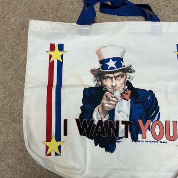 Two Sided Uncle Sam" I Want You" Canvas USA Themed Shopping Tote Bag 13"x4"x14" - Picture 12 of 16